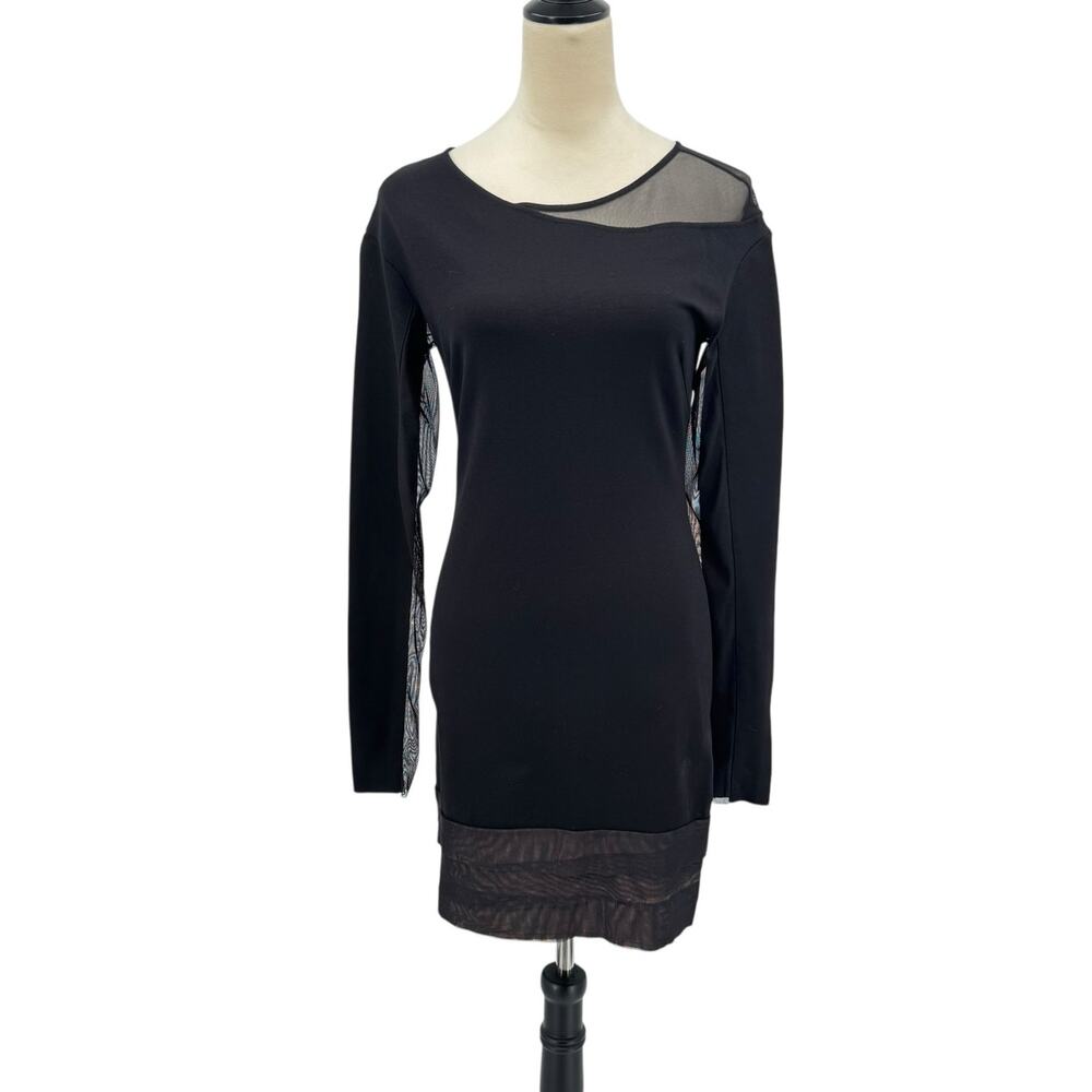 BCBGMaxazria NWT Black Knit Mesh Shoulder Long Sleeve Mini Sheath Dress